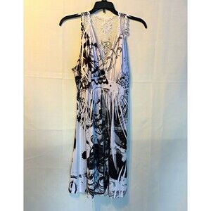 Crimson Ivy Black White Gray Abstract Beaded Eyelet Lace Sheath Dress V-Neck L